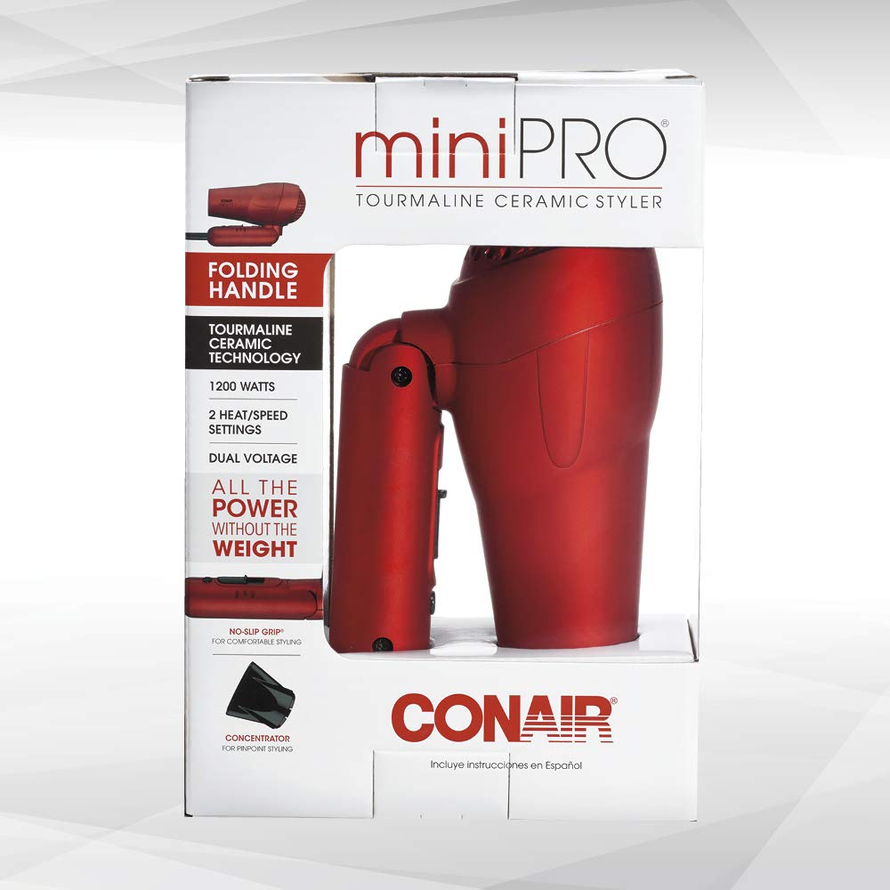 Conair miniPRO Tourmaline Ceramic Travel Hair Dryer with Folding Handle, Red