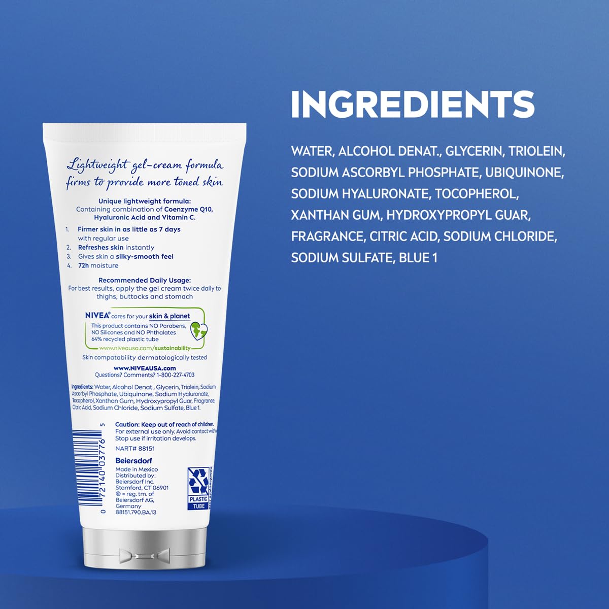 NIVEA Skin Firming & Toning Body Gel Cream with Q10, Hyaluronic Acid and Vitamin C, Clinically Tested Skin Firming & Toning Cream, 72-Hour Moisture, 6.7 Oz Tube