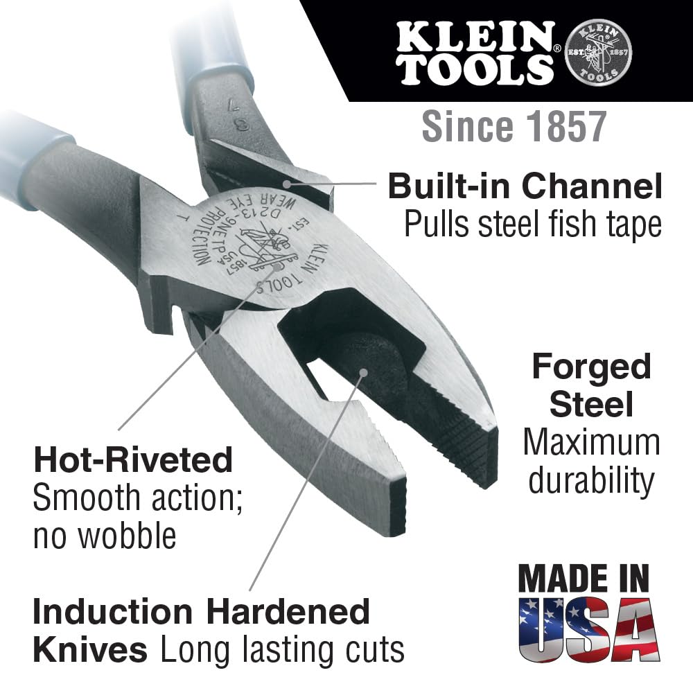 Klein Tools D213-9NETP Lineman's Fish Tape Pulling Pliers, Made in USA, High Leverage Design with Handle Tempering for comfort when Cutting, 9-Inch