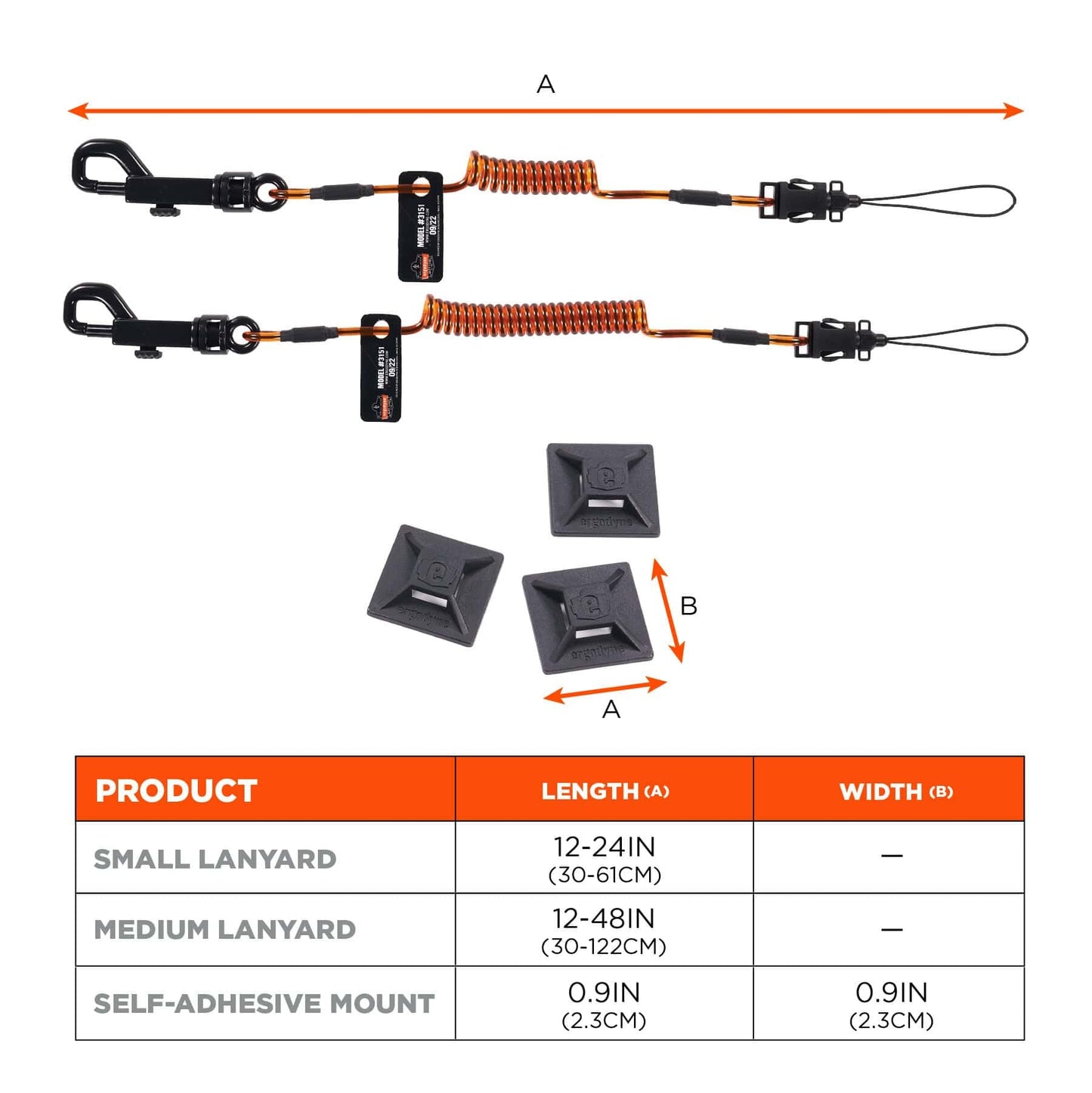 Ergodyne Squids 3151 Coiled Lanyard Tether with Swivel Hook, Detachable End, Self-Adhesive Mounts Included,Orange and Black
