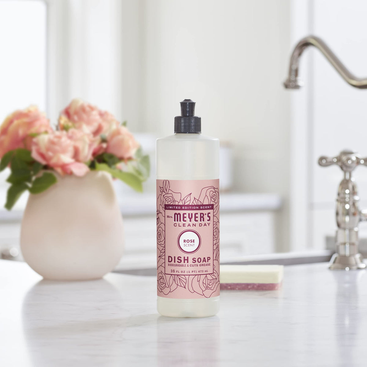 MRS. MEYER'S CLEAN DAY Liquid Dish Soap, Rose Scent, 16 Ounce Bottle