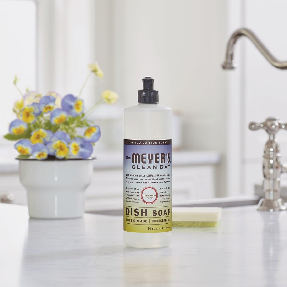 MRS. MEYER'S CLEAN DAY Liquid Dish Soap, Compassion Flower Scent, 16 Ounce Bottle