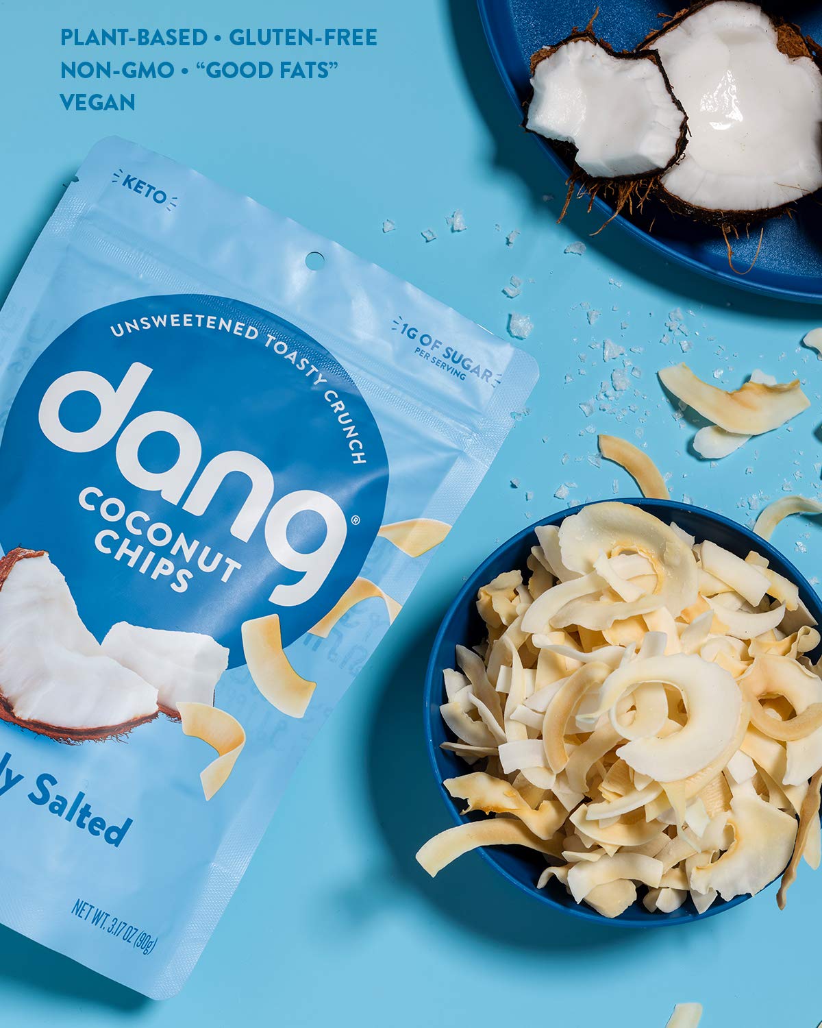 DANG Keto Toasted Coconut Chips | Lightly Salted Unsweetened | 4 Pack | Keto Certified, Vegan, Gluten Free, Paleo Friendly, Non Gmo, Healthy Snacks Made With Whole Foods | 3.17 Oz Resealable Bags