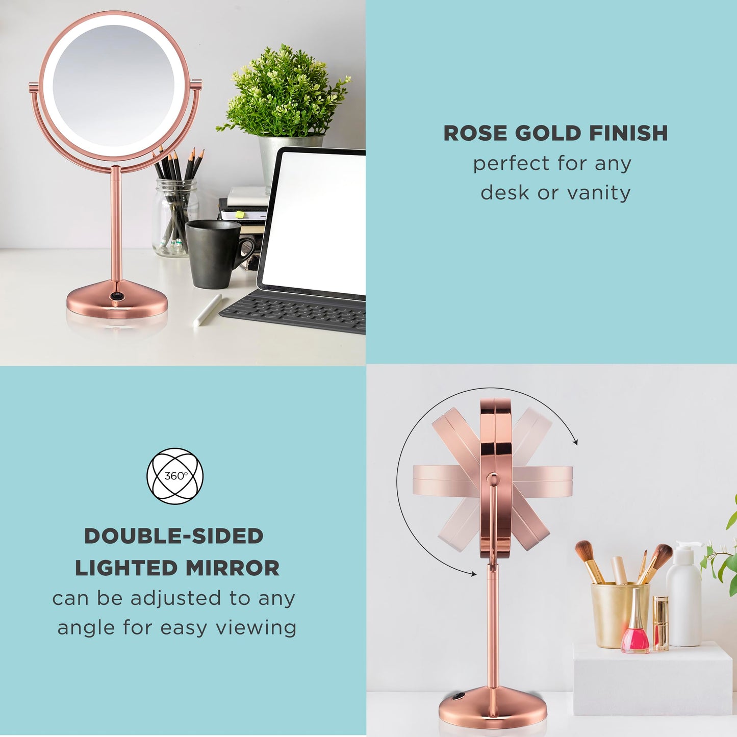 Conair Lighted Makeup Mirror, LED Vanity Mirror, 1X/10X Magnifying Mirror, Double Sided, Battery Operated in Rose Gold