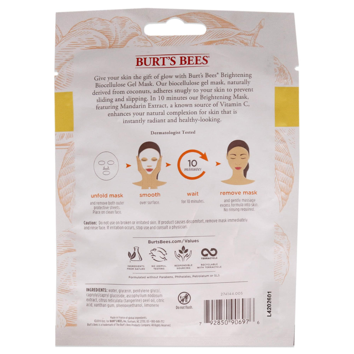 Burt's Bees Brightening Biocellulose Gel Face Mask, Mandarin