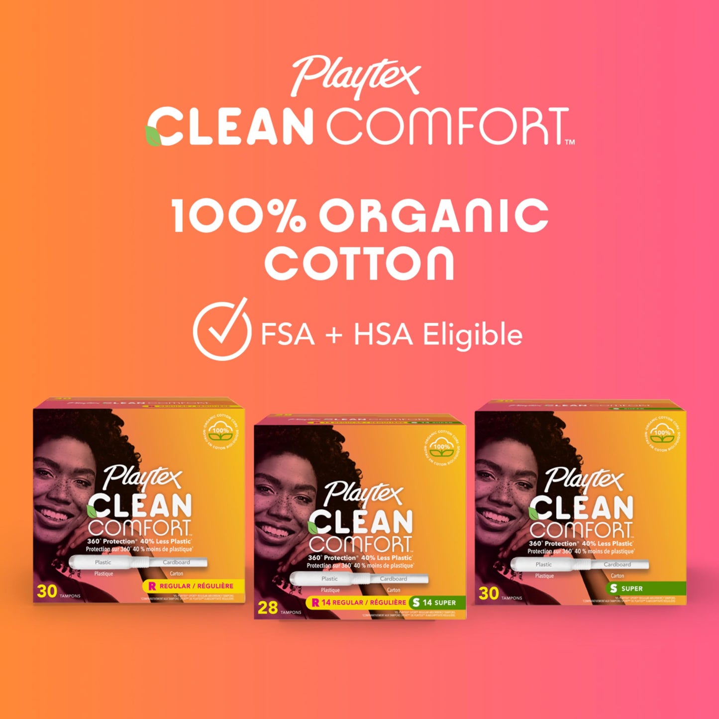Playtex Clean Comfort Organic Cotton Tampons, Regular Absorbency, Fragrance-Free, Organic Cotton - 30ct