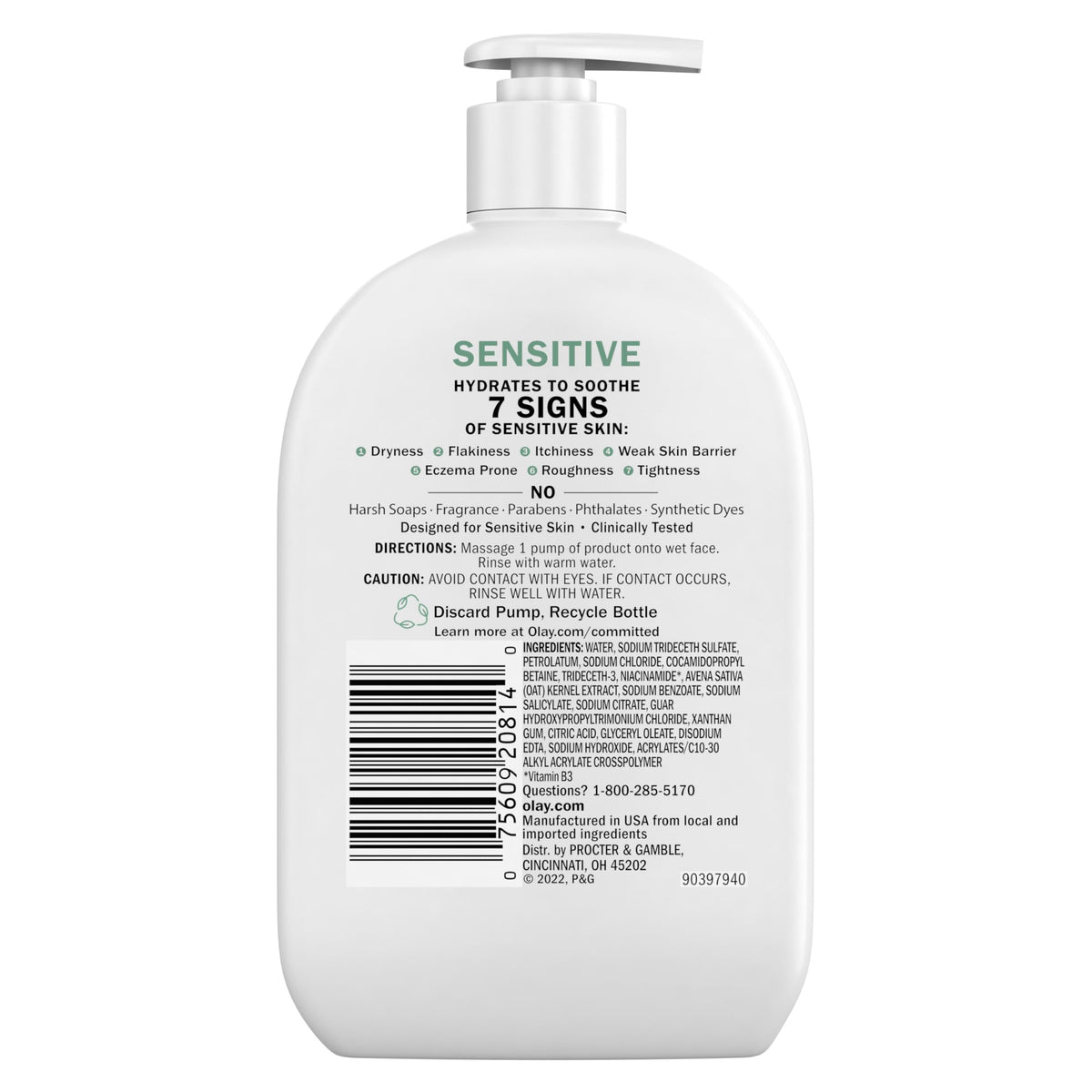 Olay Sensitive Facial Cleanser with Oat Extract Gentle Cream Cleanser, 16 fl oz