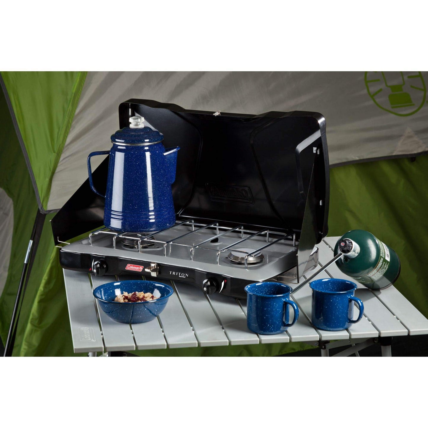 Coleman Triton 2-Burner Propane Stove, Portable Camping Cooktop with 2 Adjustable Burners & Wind Guards, 22,000 BTUs of Power for Camping, Tailgating, Grilling, BBQ, & More