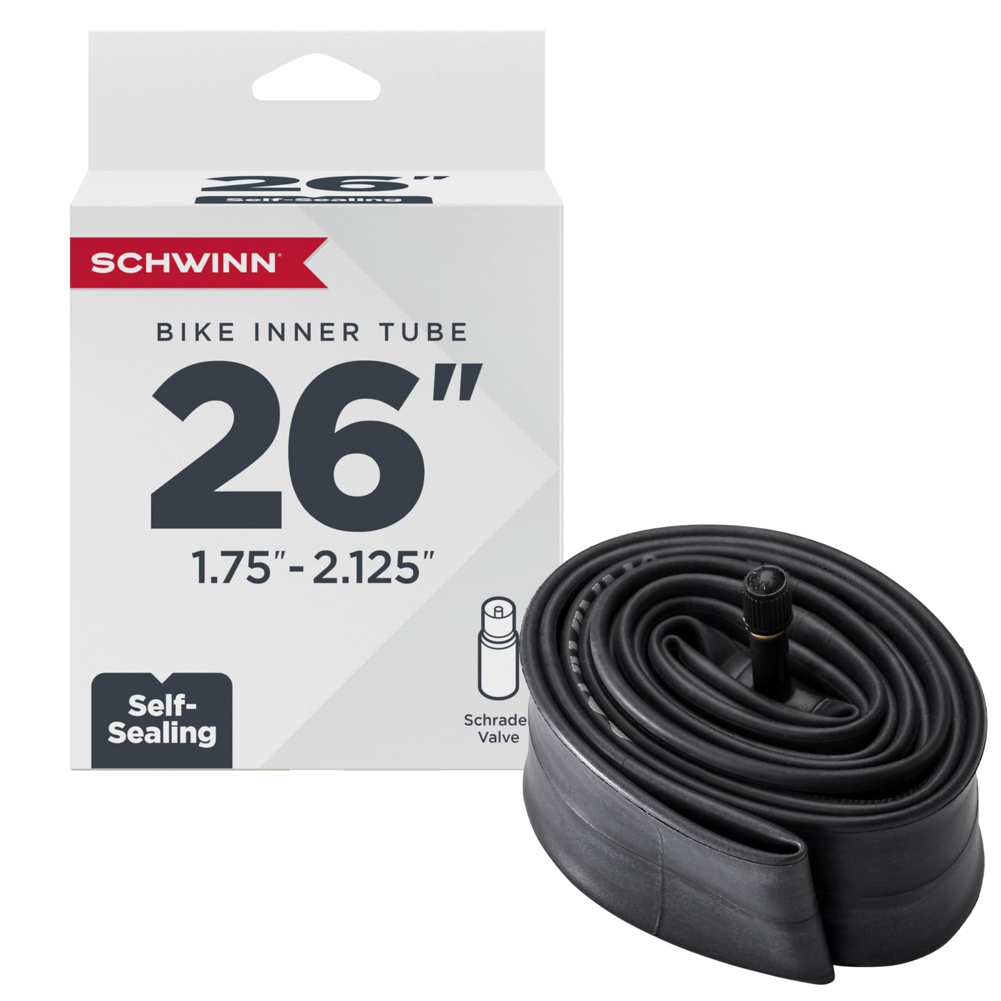 Schwinn Replacement Bike Tire Tube, 26 x 1.75-2.125 inch Bike Inner Tube, Self Sealing, Schrader Valve, Durable Construction, Replacement for 26” Mountain or Cruiser Bicycle Tires
