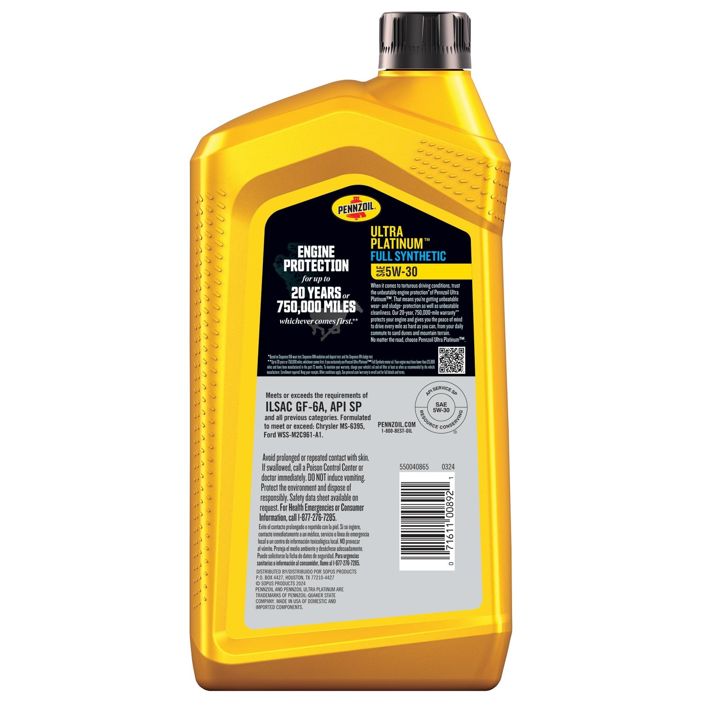 Pennzoil Ultra Platinum Full Synthetic 5W-30 Motor Oil, 1 Quart