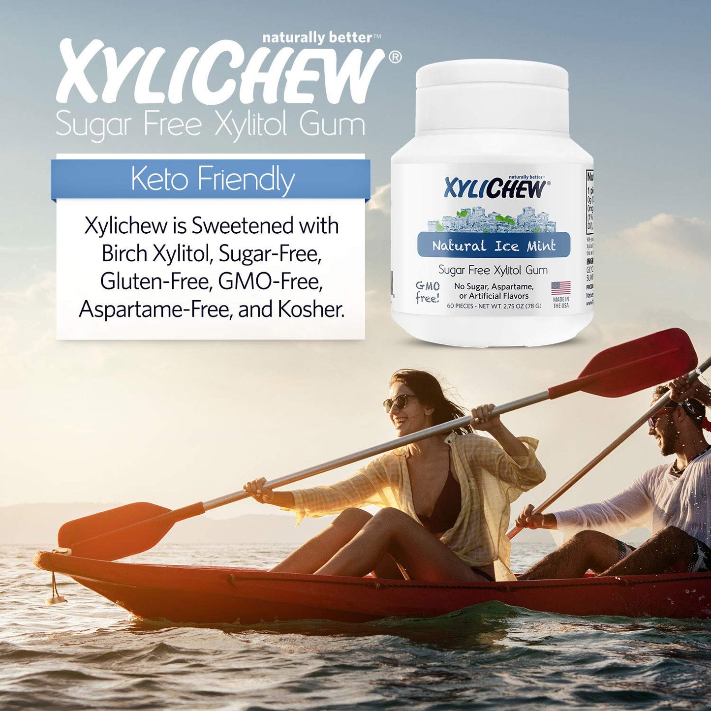 Xylichew 100% Xylitol Chewing Gum - Non GMO, Non Aspartame, Gluten Free, and Sugar Free Gum - Natural Oral Care, Relieves Bad Breath and Dry Mouth - Ice Mint, 240 Count