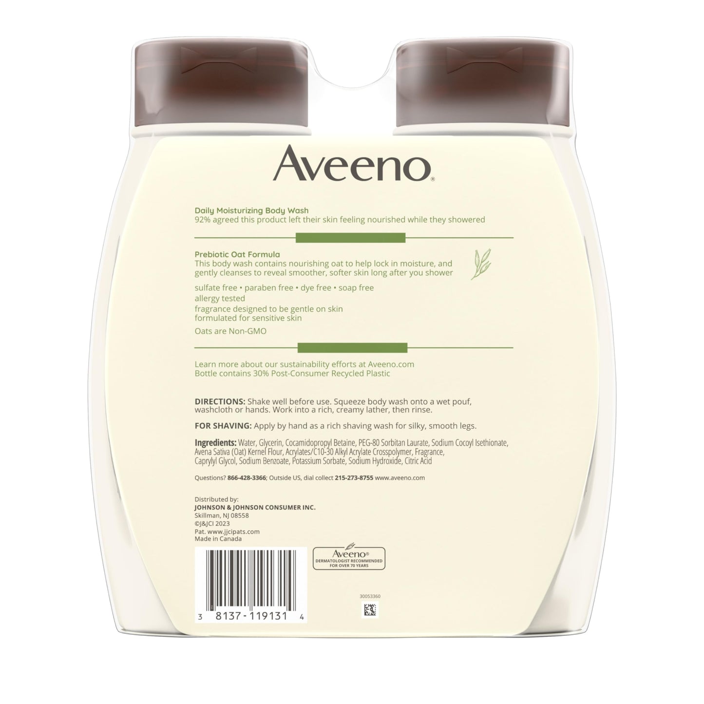 Aveeno Daily Moisturizing Body Wash Cleanser & Shaving Gel for Men & Women, Clean-Rinsing for Softer & Smoother Skin, Gentle & Lightly Scented, 18 fl. Oz, Pack of 2