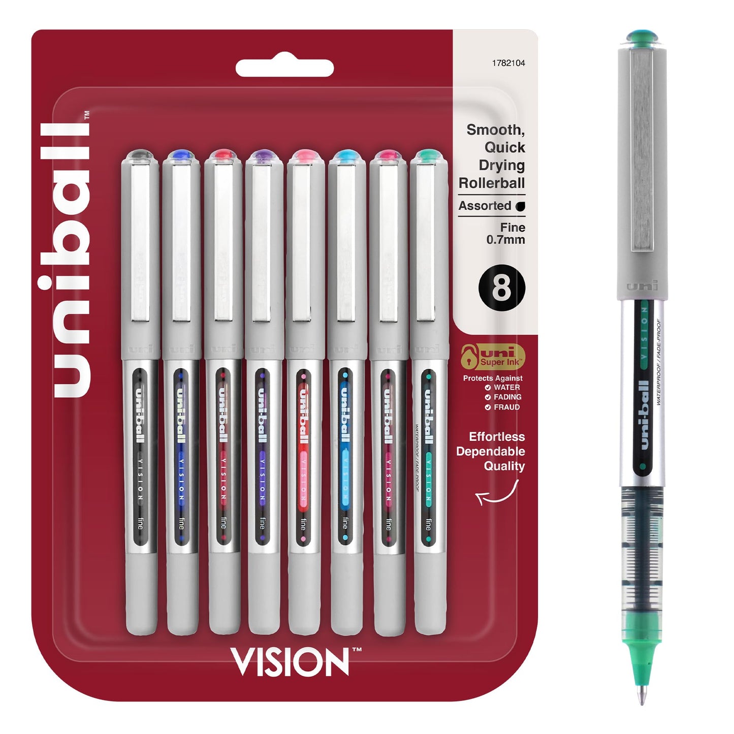 uniball™ Vision Rollerball Pens, Fine Point (0.7mm), Assorted Colors, 8 Pack