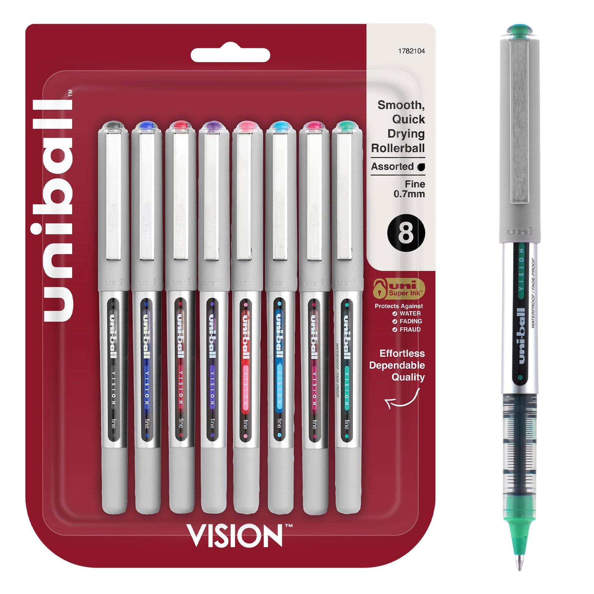 uniball™ Vision Rollerball Pens, Fine Point (0.7mm), Assorted Colors, 8 Pack
