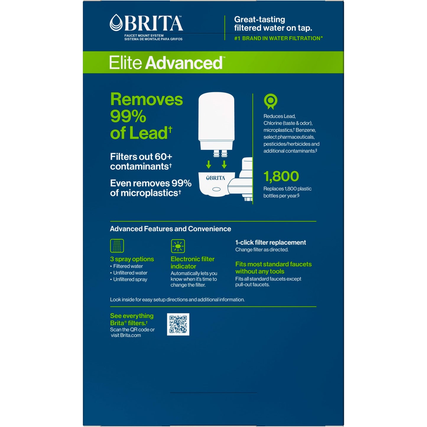 Brita Faucet Mount System, Water Faucet Filtration System with Filter Change Reminder, Reduces 99% of Lead, Made Without BPA, Elite Advanced, White, Includes 2 Replacement Filters