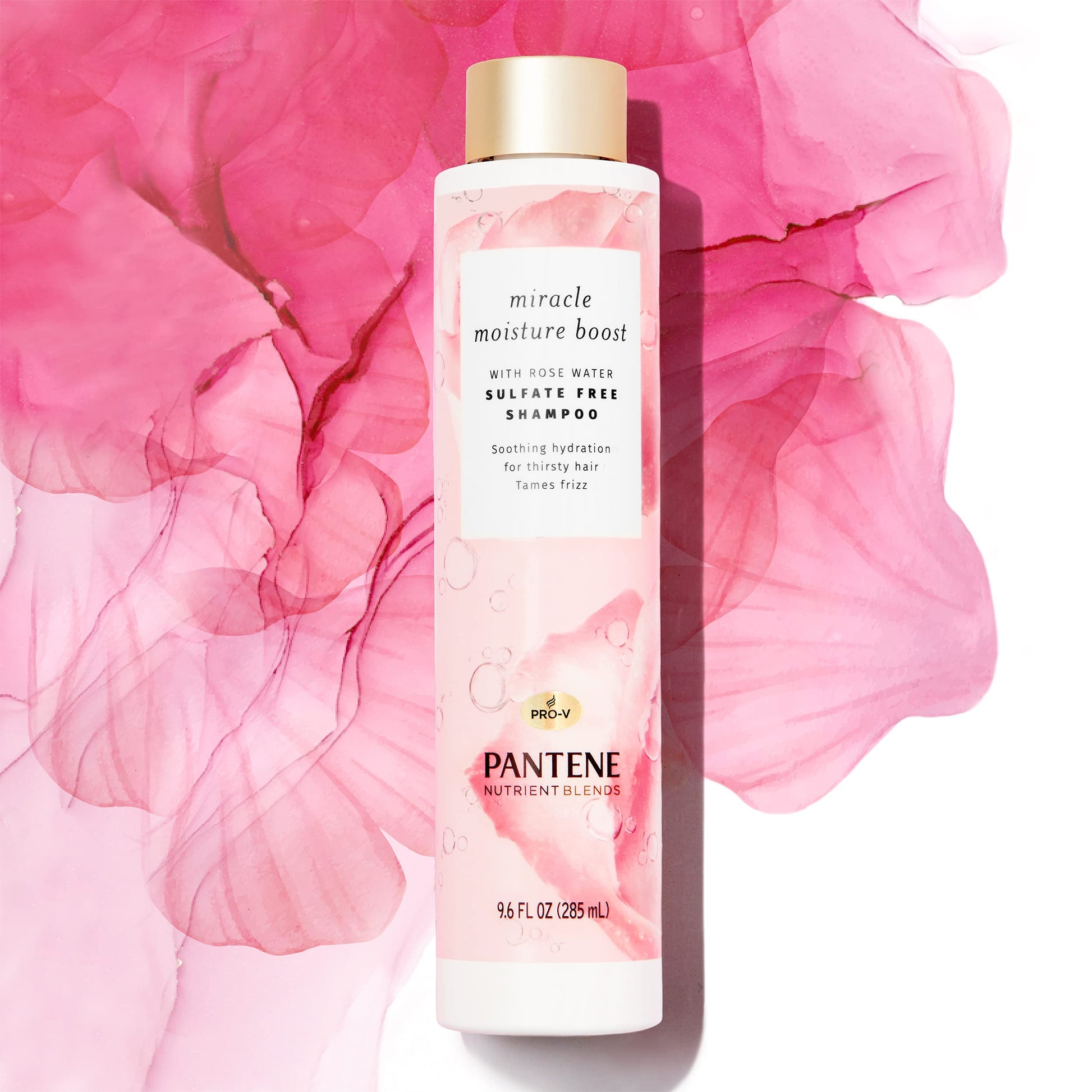 Pantene Sulfate Free Shampoo, Rose Water Shampoo for Dry Hair, Nutrient Blends Miracle Moisture Boost, 9.6 fl oz, Pack of 4