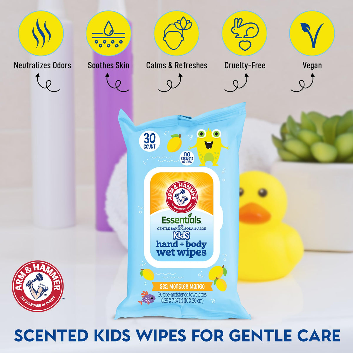 Sea Monster Mango Baby Wipes - 30 Count Travel Friendly Face & Body Wet Wipes - 1 Flip-Top Pack of Towelettes Infused with Aloe Vera & Chamomile