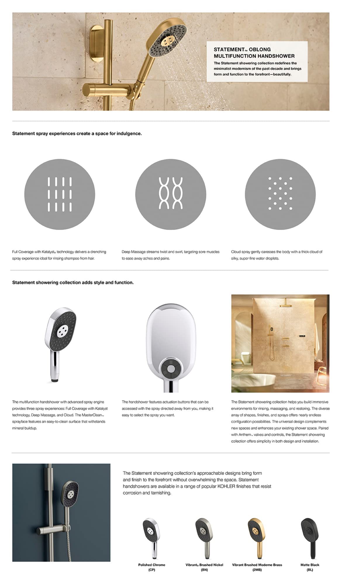 KOHLER 26284-G-BL Statement Oblong MULTIFUNCTION HAND SHOWER, Maximum Spray Performance with Three Spray Experiences, Matte Black, 1.75 GPM