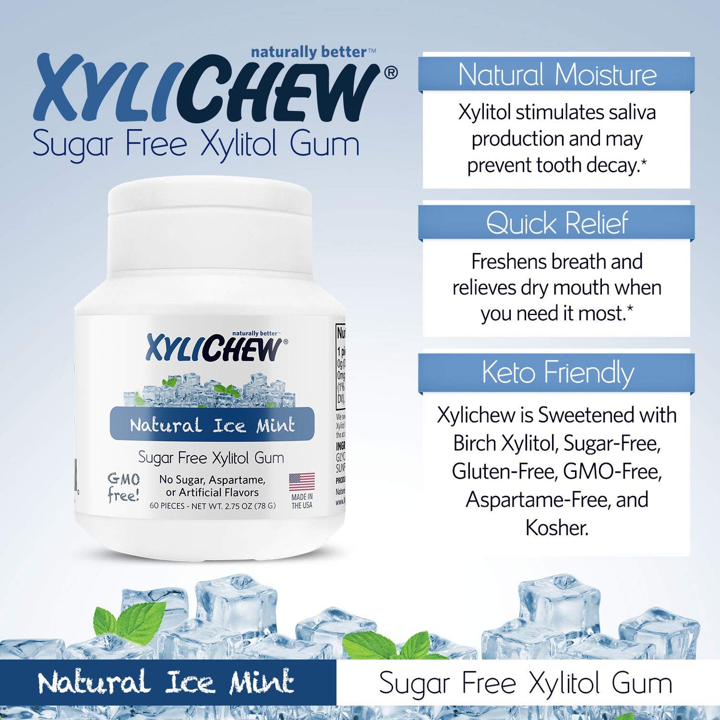 Xylichew 100% Xylitol Chewing Gum - Non GMO, Non Aspartame, Gluten Free, and Sugar Free Gum - Natural Oral Care, Relieves Bad Breath and Dry Mouth - Ice Mint, 240 Count