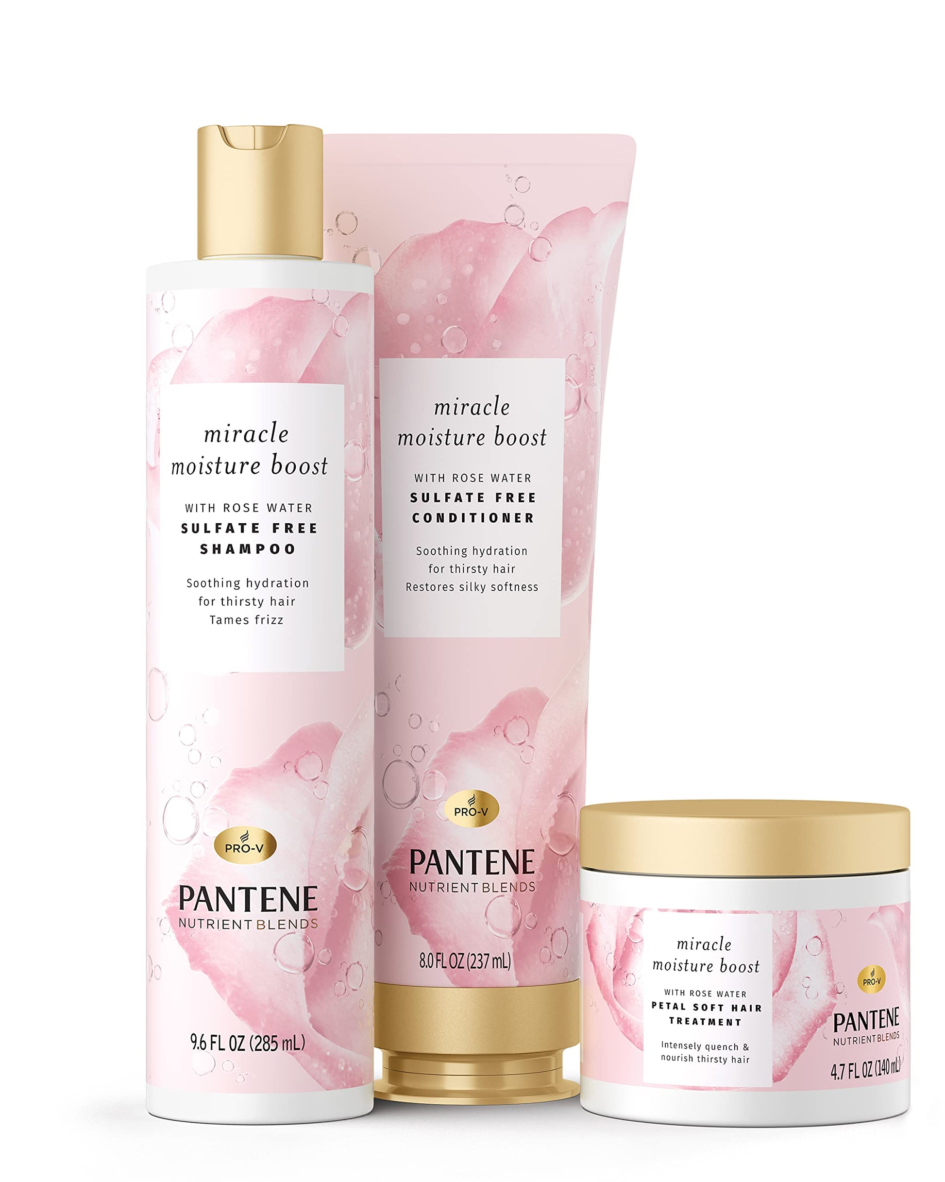 Pantene Sulfate Free Shampoo, Rose Water Shampoo for Dry Hair, Nutrient Blends Miracle Moisture Boost, 9.6 fl oz, Pack of 4
