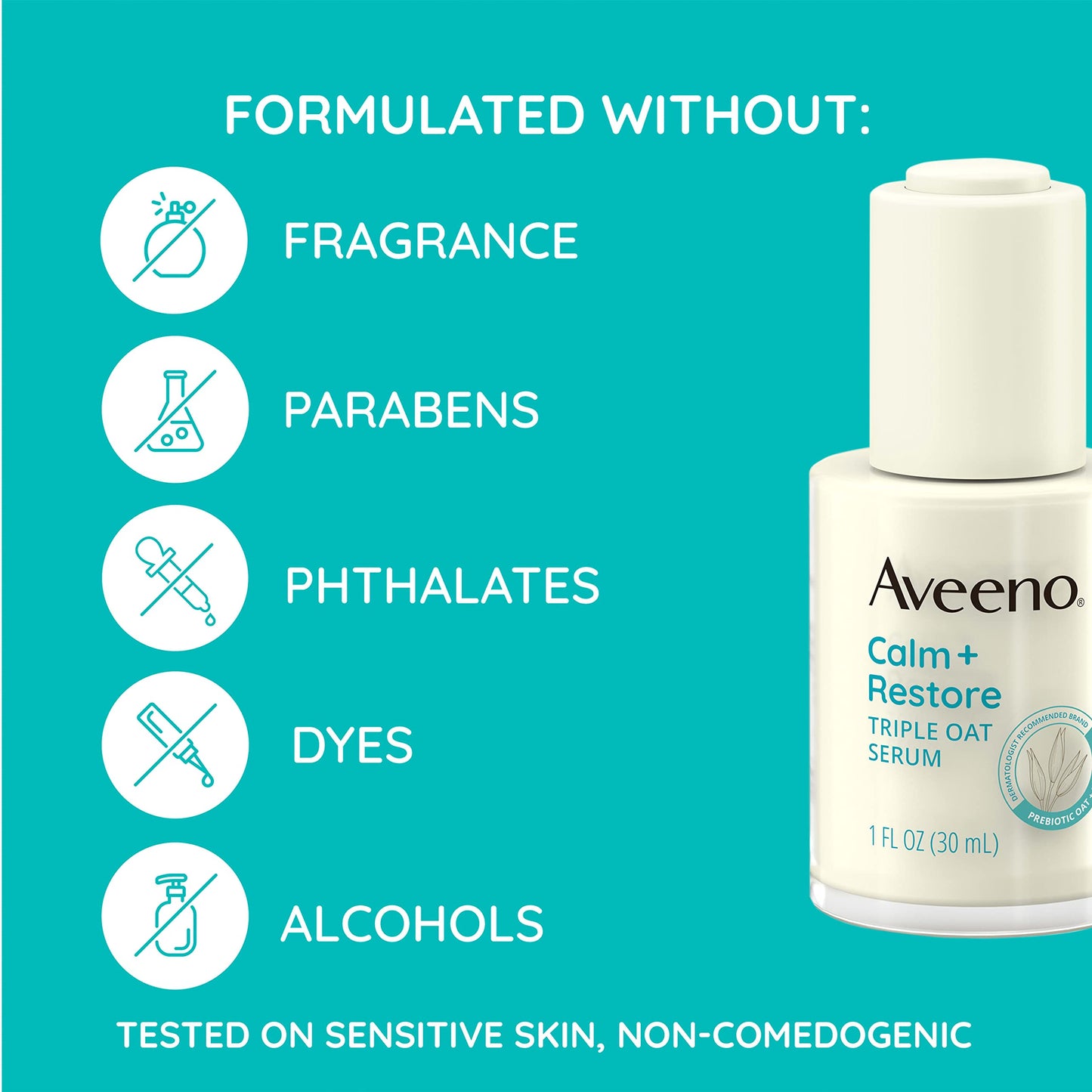 Aveeno Calm + Restore Triple Oat Hydrating Face Serum for Sensitive Skin, Gentle, Lightweight Facial Serum Instantly Smooths Skin, Fast-Absorbing, Hypoallergenic & Fragrance-Free, 1 fl. oz