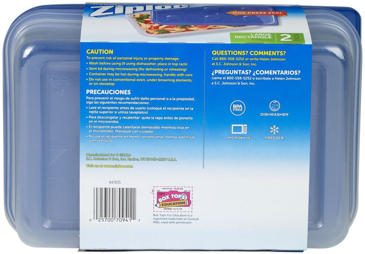 Ziploc Container Large Rectangle, 9 cup Containers - 2 ct