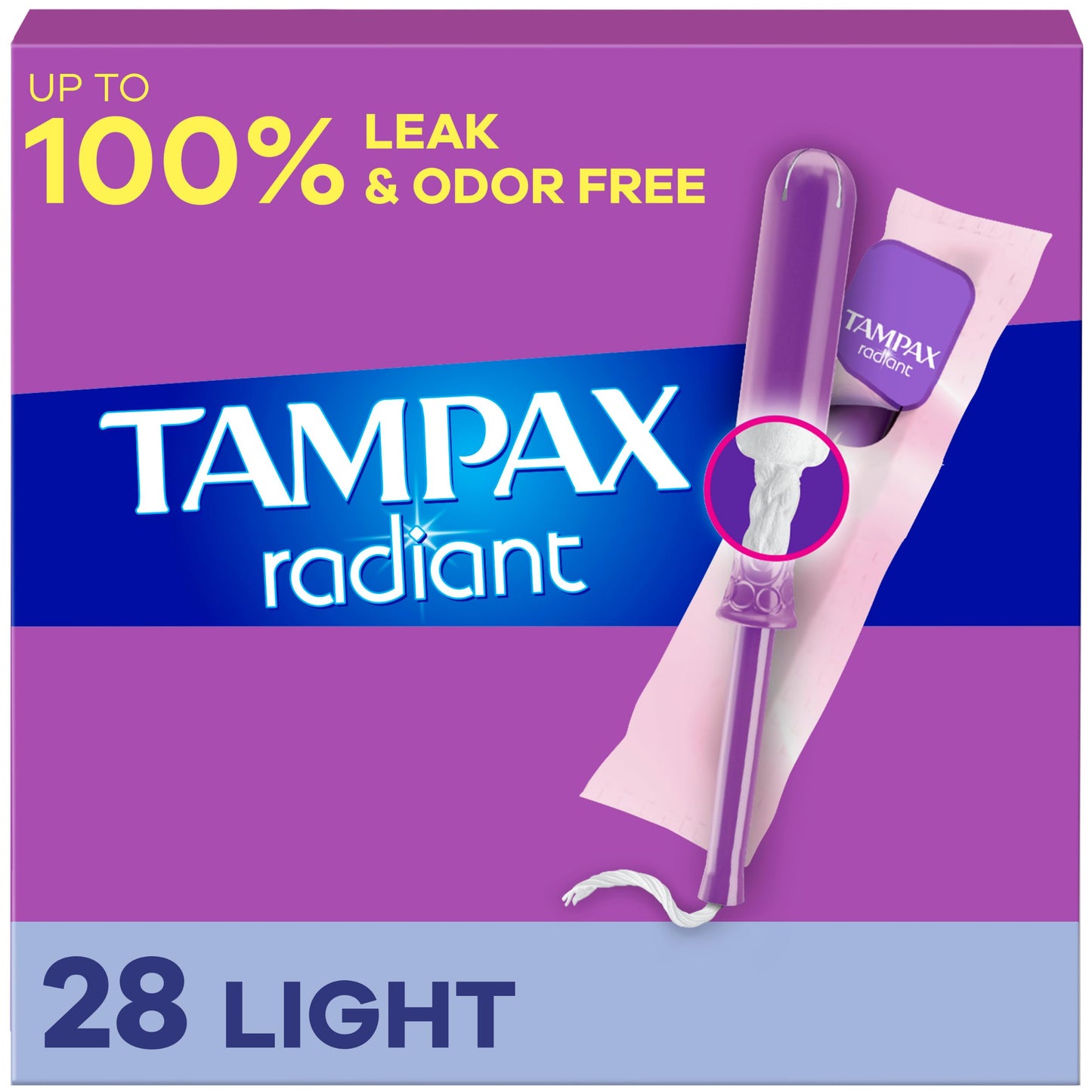 Tampax Radiant Tampons Light Absorbency with BPA-Free Plastic Applicator and LeakGuard Braid, Unscented, 28 Count