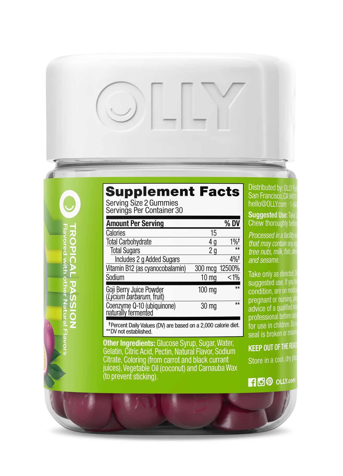 OLLY Daily Energy Gummy, Caffeine Free, Vitamin B12, CoQ10, Goji Berry, Adult Chewable Supplement, Tropical Flavor - 60 Count