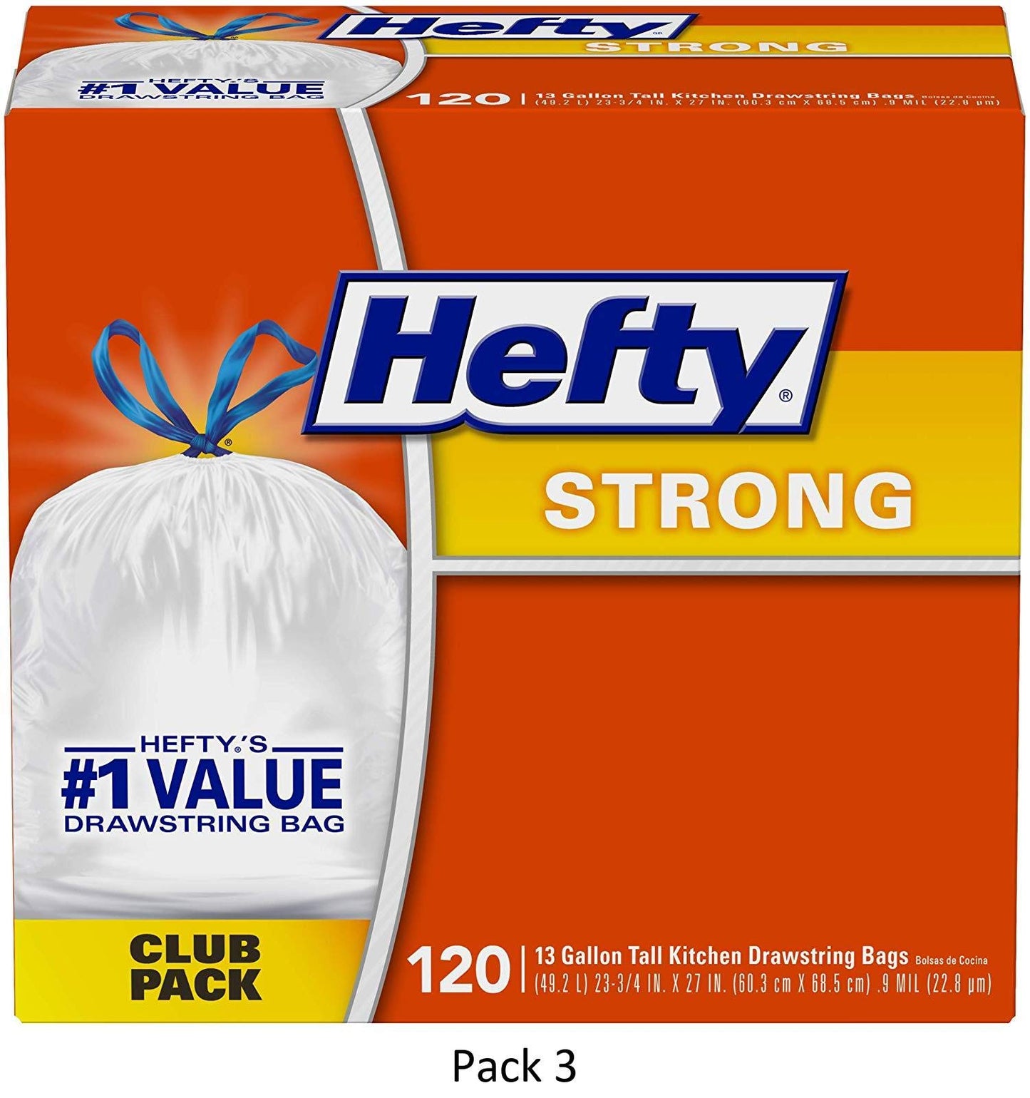 Hefty Strong Tall Kitchen Trash Bags, Unscented, 13 Gallon, 120 Count, 3 Pack