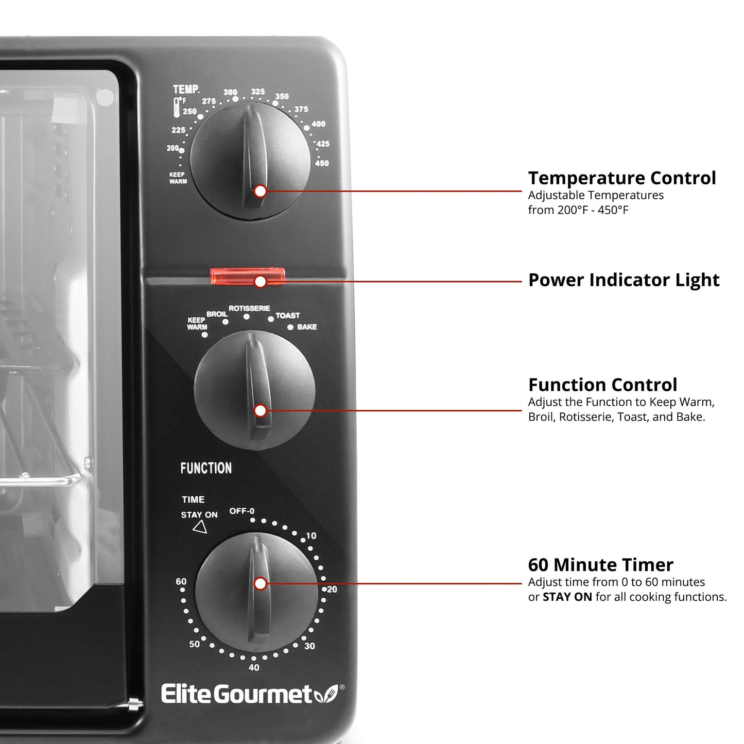 Elite Gourmet ERO-2008NFFP Countertop XL Toaster Oven Rotisserie, Bake, Grill, Broil, Roast, Toast, Keep Warm and Steam, 23L capacity fits a 12†pizza, 6-Slice, Black