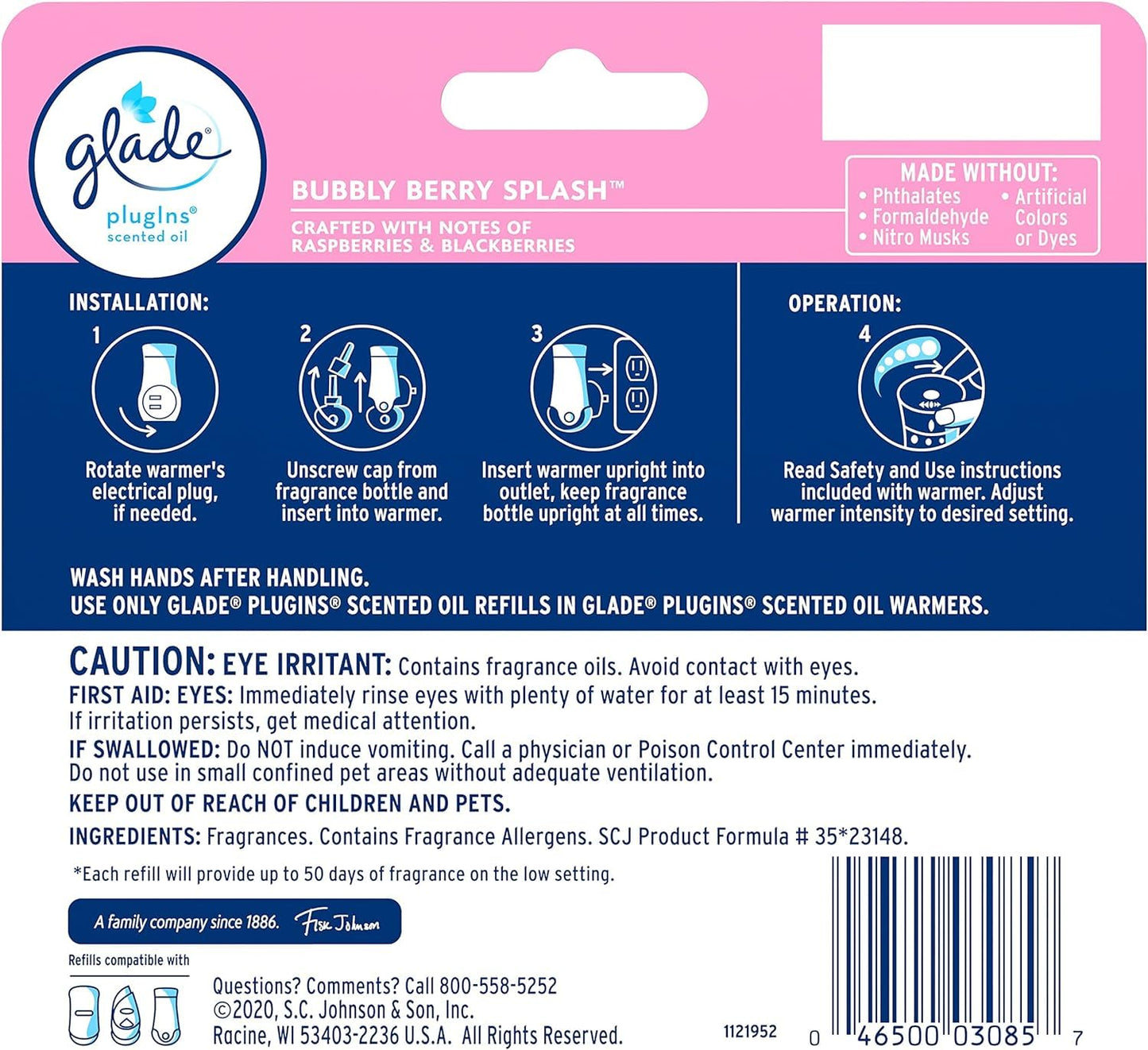 Glade PlugIns Refills Air Freshener, Scented and Essential Oils for Home and Bathroom, Bubbly Berry Splash, 3.35 Fl Oz, 10 Count