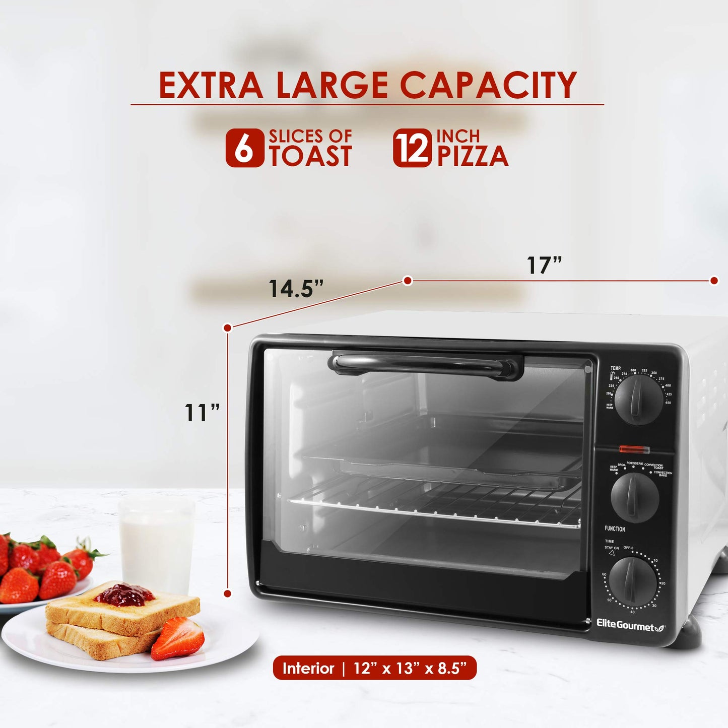 Elite Gourmet ERO-2008NFFP Countertop XL Toaster Oven Rotisserie, Bake, Grill, Broil, Roast, Toast, Keep Warm and Steam, 23L capacity fits a 12†pizza, 6-Slice, Black
