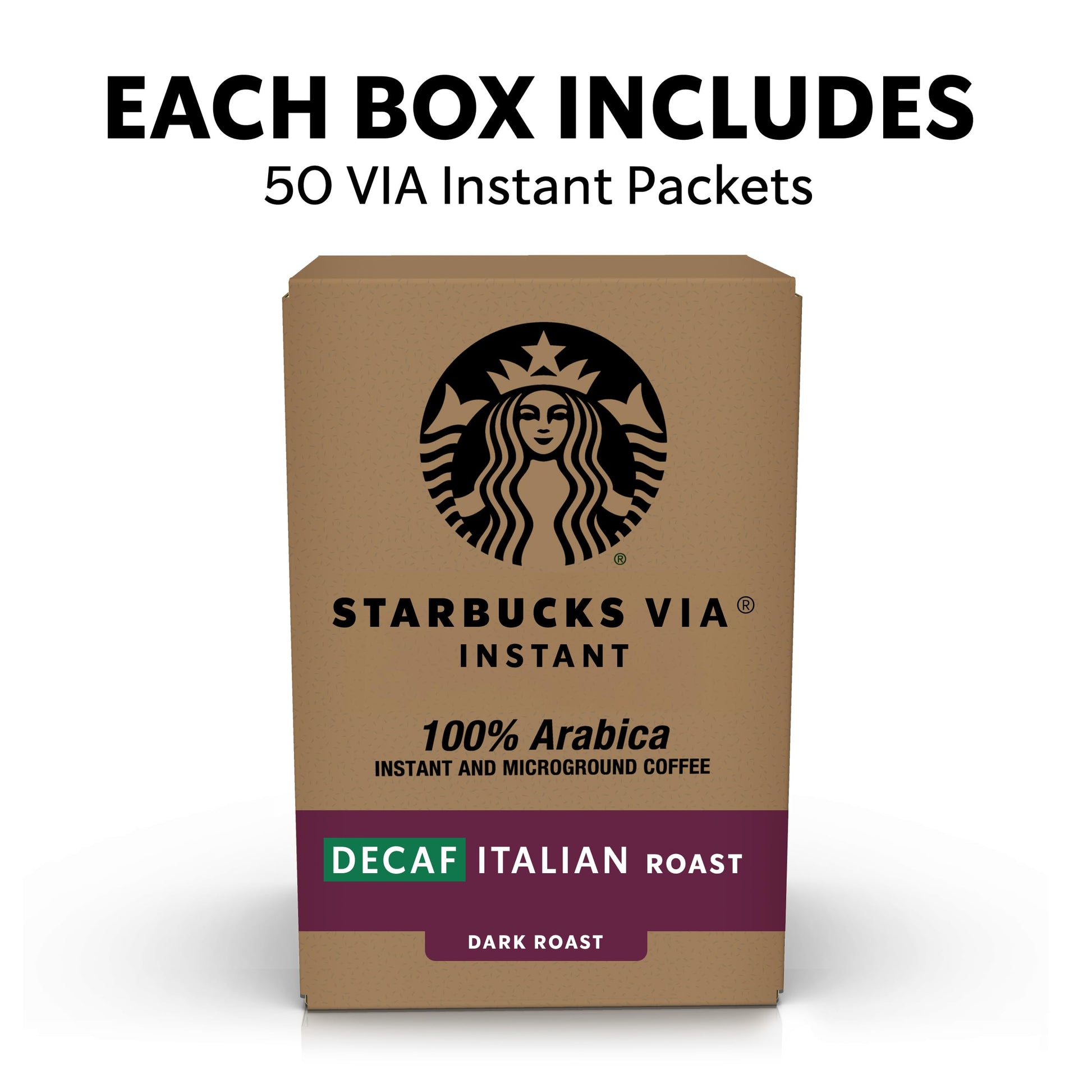 Starbucks VIA Instant Coffee, Dark Roast Coffee, Decaf Italian Roast, 100% Arabica, Single-Serve, 1 Box (50 Packets)