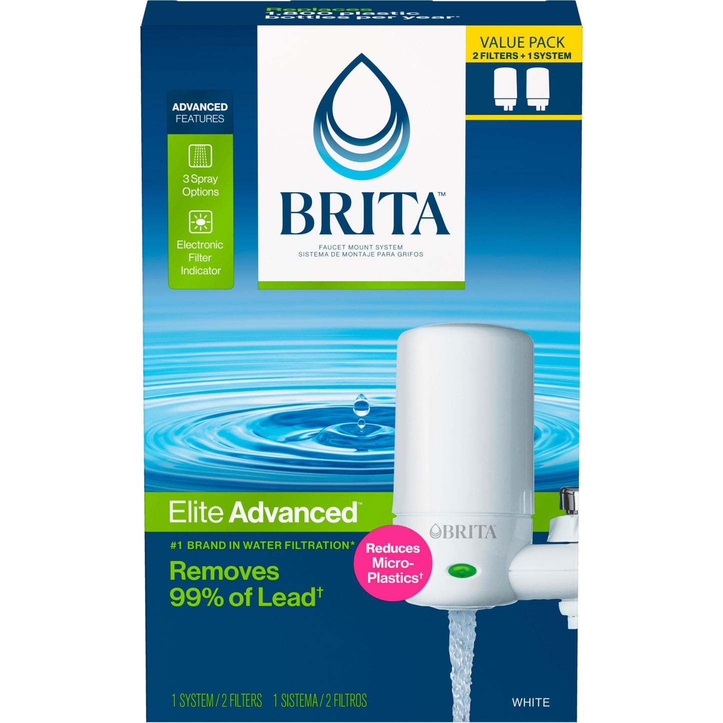 Brita Faucet Mount System, Water Faucet Filtration System with Filter Change Reminder, Reduces 99% of Lead, Made Without BPA, Elite Advanced, White, Includes 2 Replacement Filters