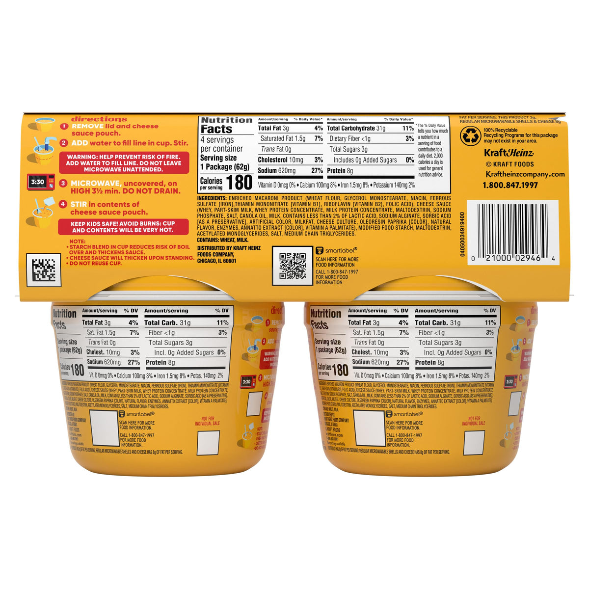 Velveeta Shells & Cheese Microwaveable Shell Pasta with 2% Milk Cheese, 4 ct Pack, 2.19 oz Cups