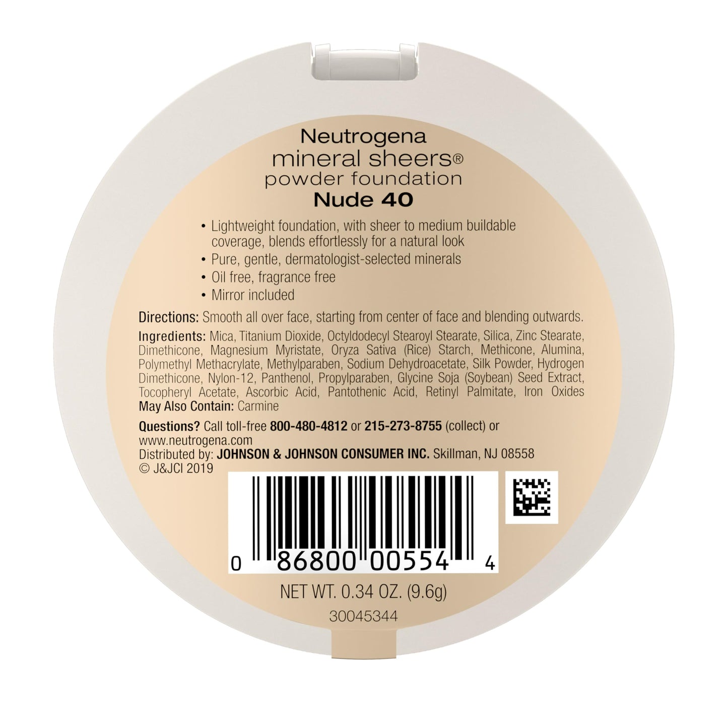 Neutrogena Mineral Sheers Compact Powder Foundation, Lightweight & Oil-Free Mineral Foundation, Fragrance-Free, Nude 40, .34 oz, 2 Pack