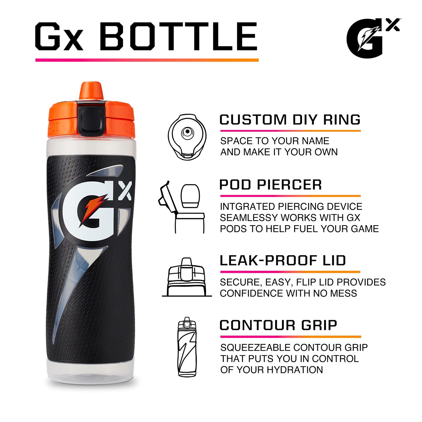 Gatorade Gx Hydration System, Non-Slip Gx Squeeze Bottles & Gx Sports Drink Concentrate Pods, Orange