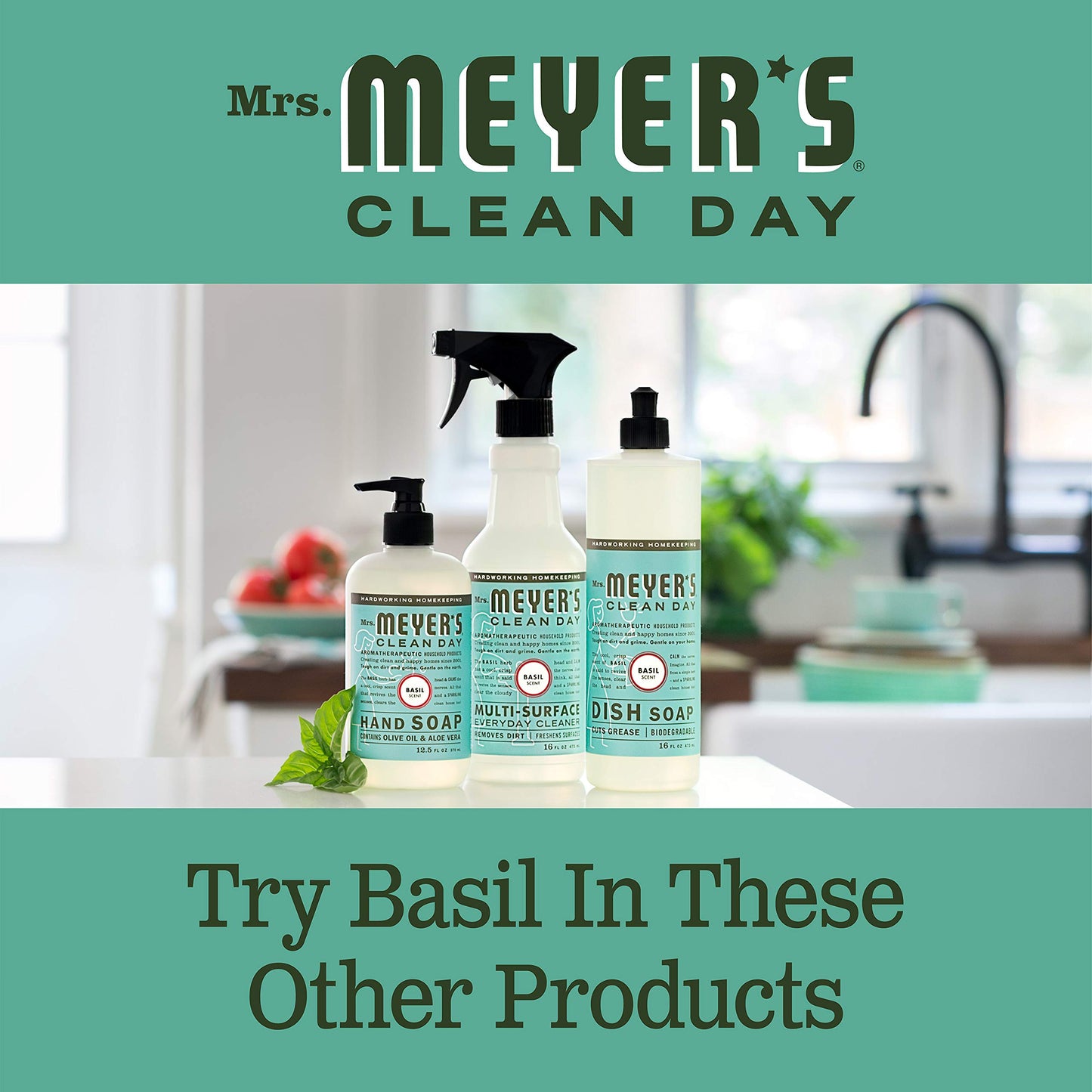 MRS. MEYER'S CLEAN DAY Hand Soap, Made with Essential Oils, Biodegradable Formula, Basil, 12.5 fl. oz - Pack of 3