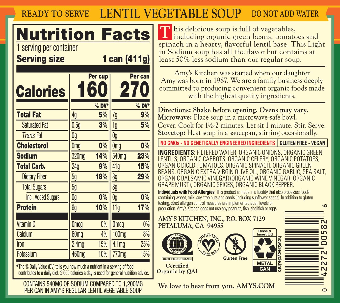 Amy’s Soup, Vegan Light in Sodium Lentil Vegetable Soup, Gluten Free, Made With Organic Vegetables, Canned Soup, 14.5 Oz (12 Pack)