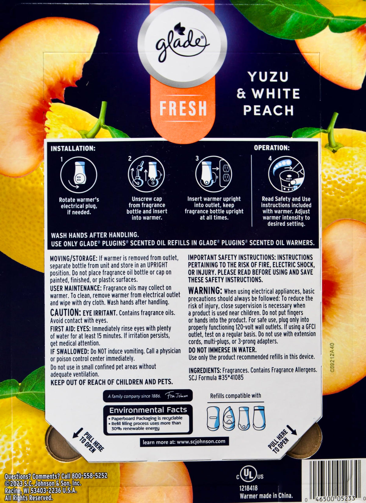 Glade Plugins Fresh Yuzu Peach, 5 Scented Oil Refills and 1 Warmer, Blue