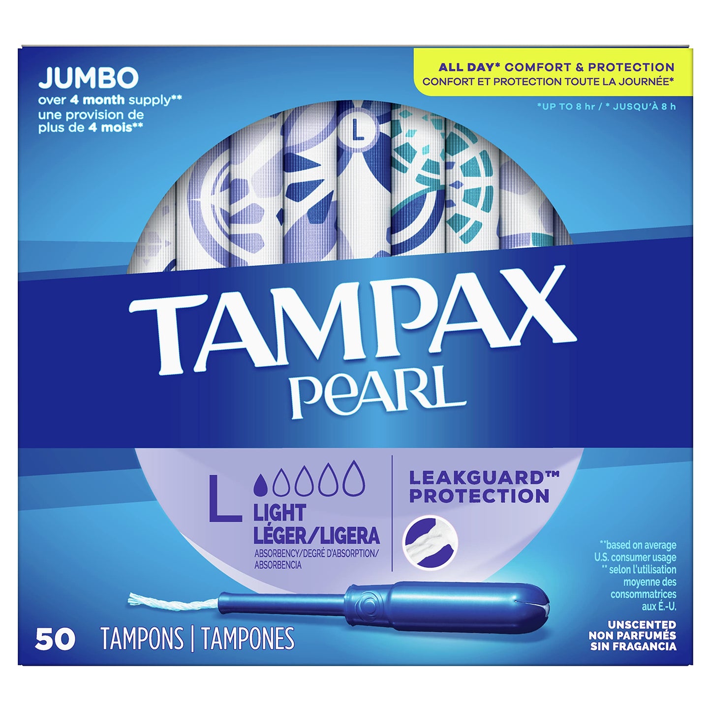 Tampax Pearl Tampons Light Absorbency with BPA-Free Plastic Applicator and LeakGuard Braid, Unscented, 50 Count