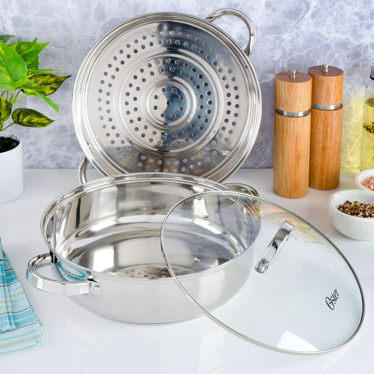 Oster Sangerfield Stainless Steel Cookware 11-Inch Everyday Pan w/Steamer and Lid