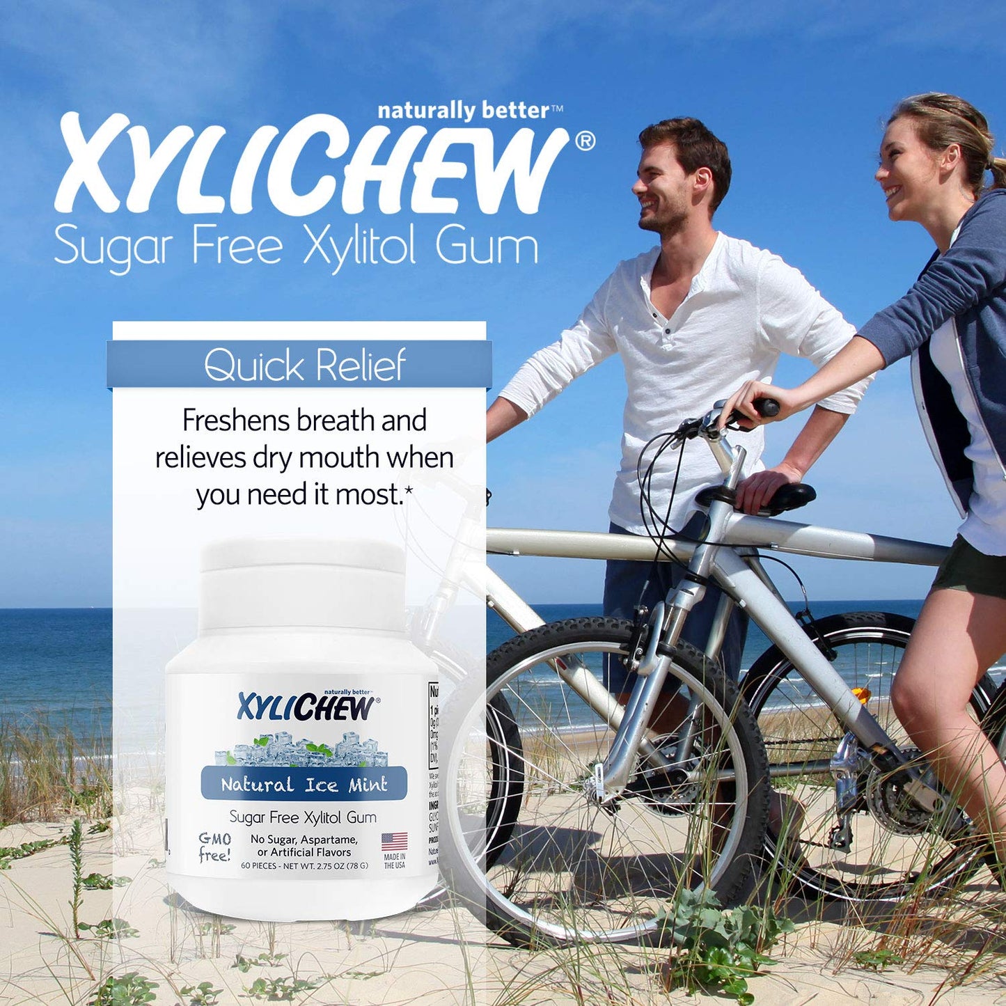 Xylichew 100% Xylitol Chewing Gum - Non GMO, Non Aspartame, Gluten Free, and Sugar Free Gum - Natural Oral Care, Relieves Bad Breath and Dry Mouth - Ice Mint, 240 Count