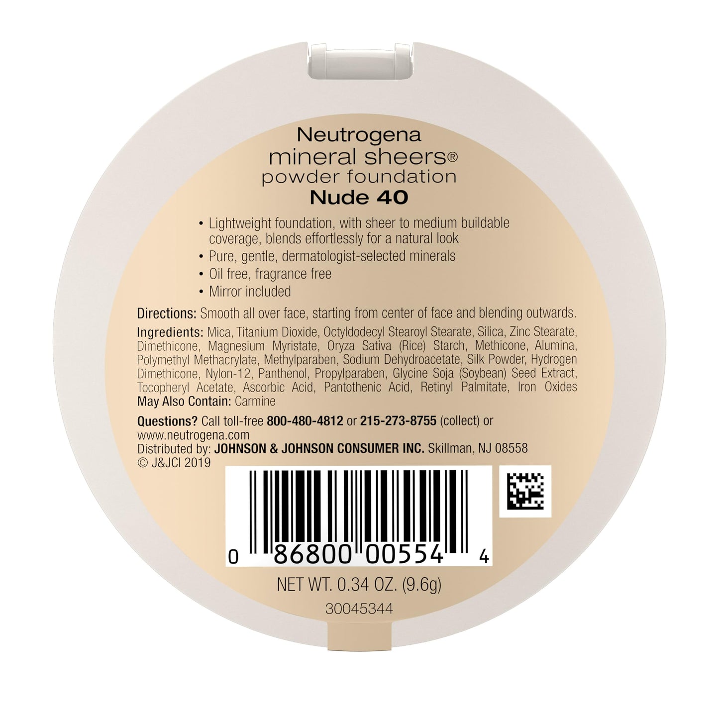 Neutrogena Mineral Sheers Compact Powder Foundation, Lightweight & Oil-Free Mineral Foundation, Fragrance-Free, Nude 40, .34 oz, 2 Pack