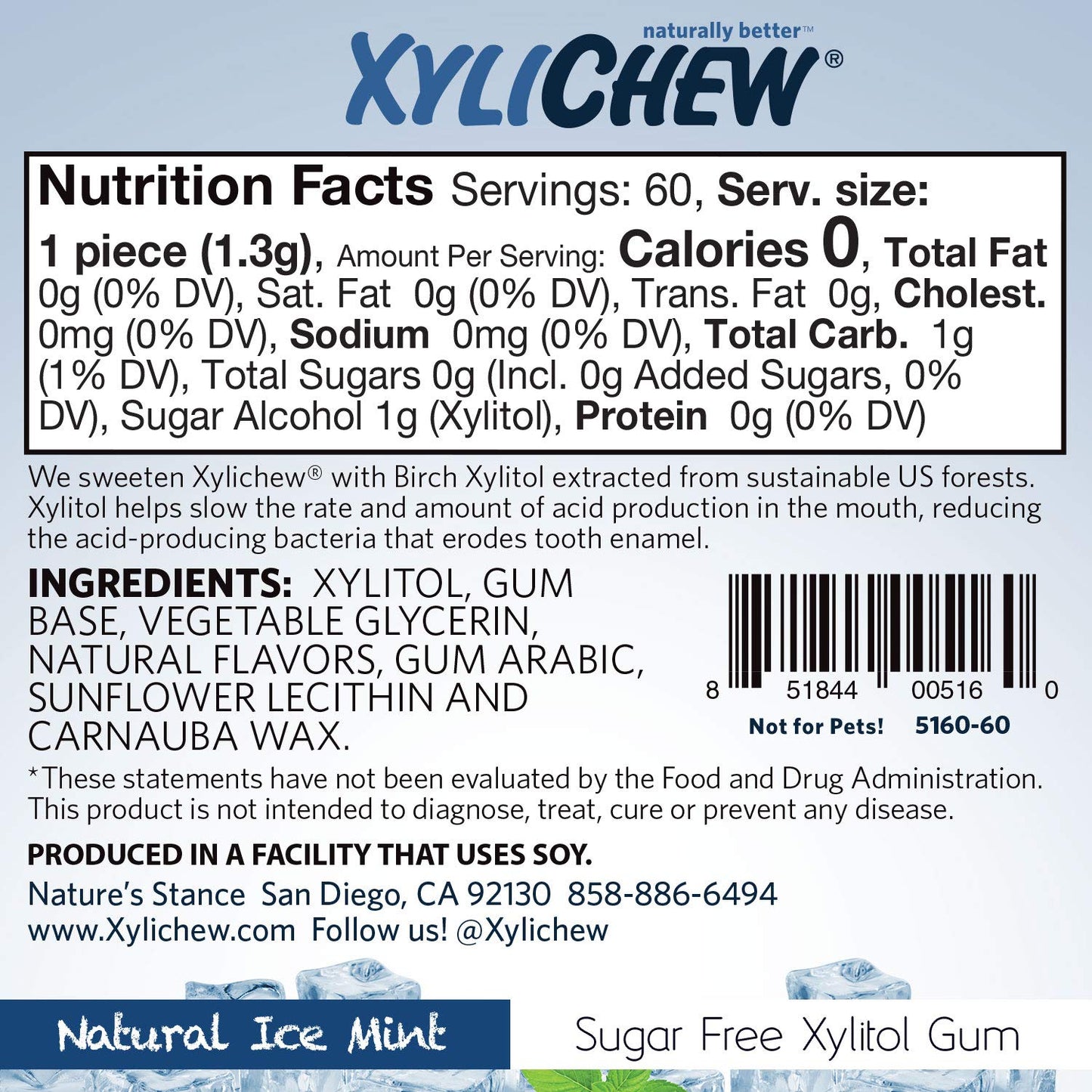 Xylichew 100% Xylitol Chewing Gum - Non GMO, Non Aspartame, Gluten Free, and Sugar Free Gum - Natural Oral Care, Relieves Bad Breath and Dry Mouth - Ice Mint, 240 Count
