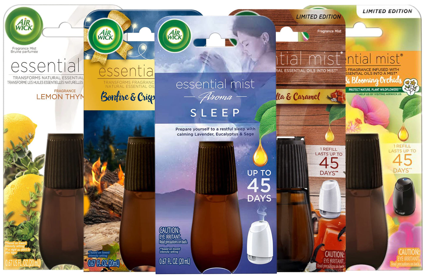 Air Wick Essential Mist Diffuser Oil Refills Variety Pack, Set of 5 Fragrance Mist Refills, Assorted Scents, Lasts Up to 225 Days