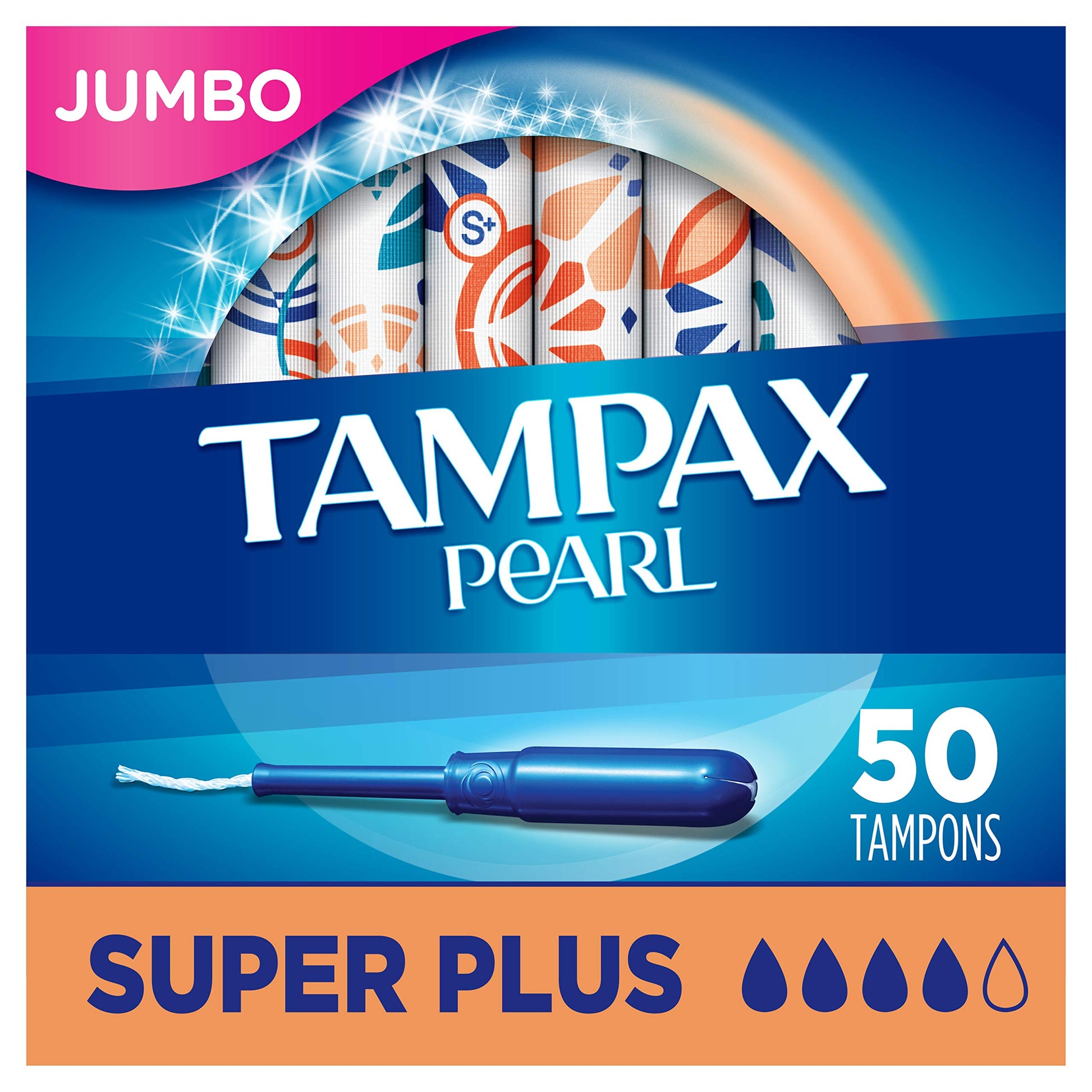 Tampax Pearl Tampons with Plastic Applicator, Super Plus Absorbency, Unscented, 50 Count - Pack of 6 (300 Count Total)