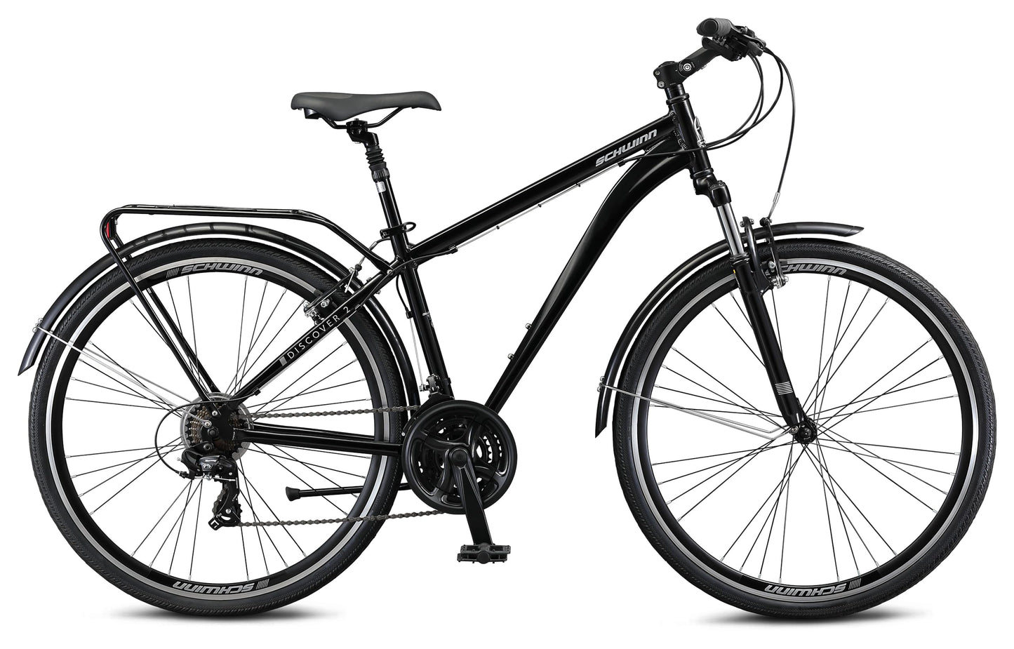 Schwinn Discover 2 Adult Hybrid Bike for Men and Women, 700c Wheels, 21-Speeds, 17-Inch Step-Over Frame, Front and Rear Fenders, Rear Cargo Rack, Black