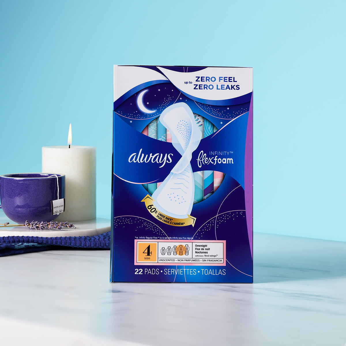 Always Infinity FlexFoam Pads for Women, Size 4, Overnight Absorbency, Unscented, 13 Count