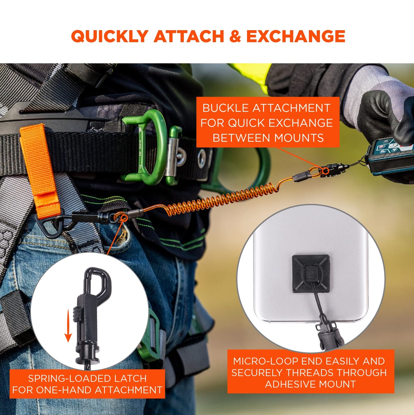 Ergodyne Squids 3151 Coiled Lanyard Tether with Swivel Hook, Detachable End, Self-Adhesive Mounts Included,Orange and Black